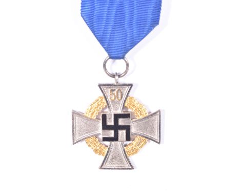A  GERMAN  WWII ERA FIFTY YEAR FAITHFUL SERVICE Cross, this features silver and gold frosting and a blue ribbon and hanging p