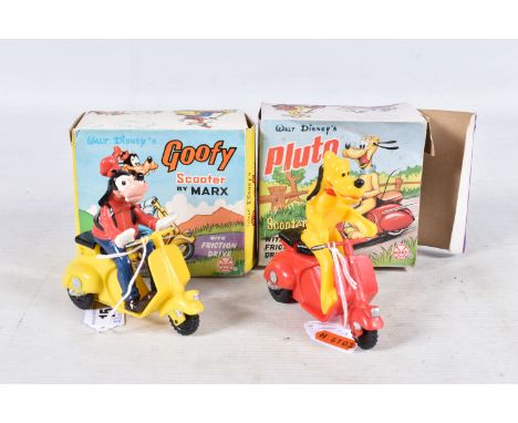 TWO BOXED VINTAGE MARX PLASTIC FRICTION DRIVE SCOOTERS WALT DISNEY'S GOOFY AND PLUTO, both appear complete, in working order 