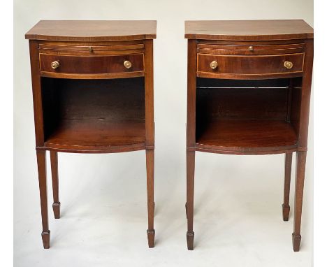BEDSIDE/LAMP TABLES, a pair, George III style mahogany and boxwood strung, each bow fronted with brushing slide, drawer and u