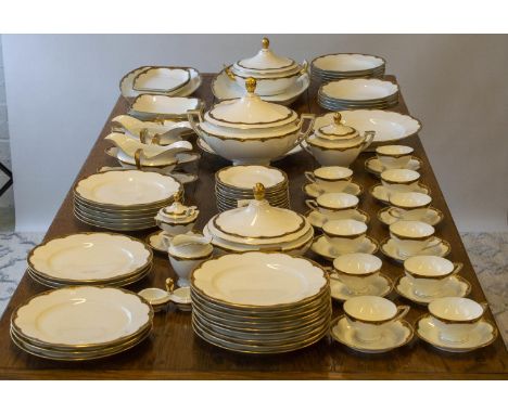 H &amp; C SCHLAGGENWALD DINNER SERVICE, gold rim stylised decorsation including twenty one dinner plats, two lidded vegetable