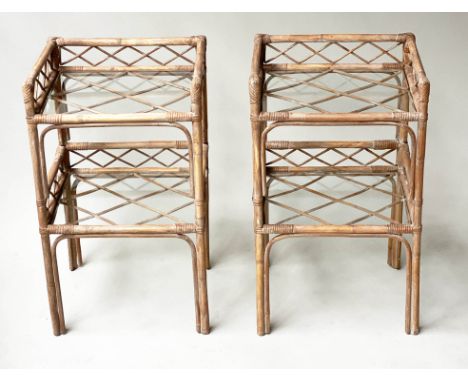 LAMP TABLES, a pair, bamboo framed and trellis panelled each with two glazed shelves, 68cm H x 41cm x 36cm. (2) 