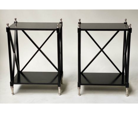 LAMP TABLES, a pair, black lacquered and chrome mounted with X supports, 35cm W. (2) 