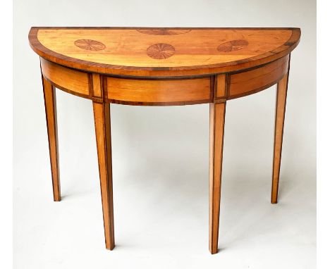 CONSOLE TABLE, George III satinwood and tulip wood cross banded demi lune with satinwood starburst centre and top inlaid moti