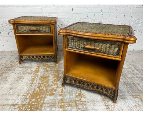 BEDSIDE/LAMP TABLES, a pair, 1970's dual colour rattan and bamboo, 58cm H x 56cm W x 45cm D. (2) 