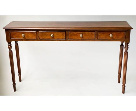 CONSOLE/HALL TABLE, George III design burr walnut with four frieze drawers and reeded turned supports, 130cm x 30cm D x 76cm 