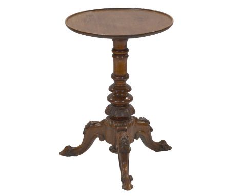 Victorian carved mahogany pedestal wine table, circular top, tripod legs, diameter 43cm, height 62cm.Condition report:Scratch