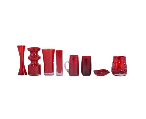Collection of mid-century art glass, ruby colourway including two Whitefriars vases; an Alsterfors Scandinavian ruby glass va