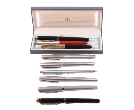 A Shaeffer fountain pen, black body and cap, yellow metal nib marked 14K; an Osmirod fountain pen; a Parker fountain pen, bla