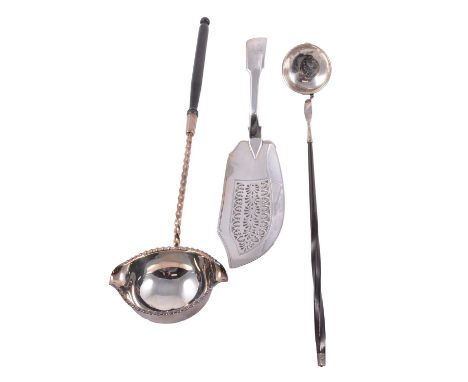 Silver fish slice, W Kingdom, London 1820, fiddle pattern, engraved, 30cm, 4.6ozt, ladle with silver bowl, Sheffield 1977, mo