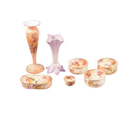 Quantity of Royal Worcester blush ivory wares, including five boxes and covers, and one spill vase, all decorated with posies