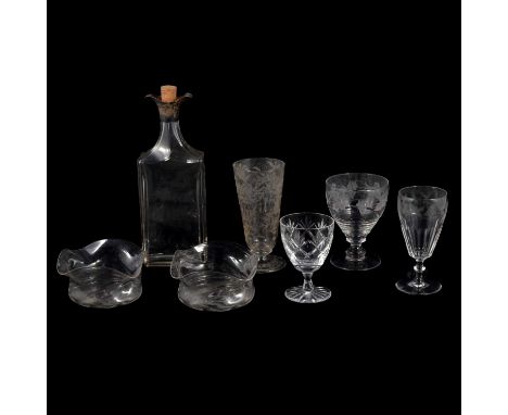 Two boxes of assorted glassware including a silver mounted decanter/ flask, set of spiralled glass finger bowls with undulati