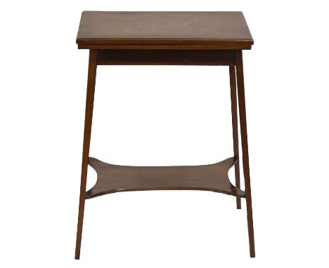 Edwardian inlaid mahogany foldover card table, rectangular top enclosing a playing surface, splayed tapering legs, 55x39cm, h