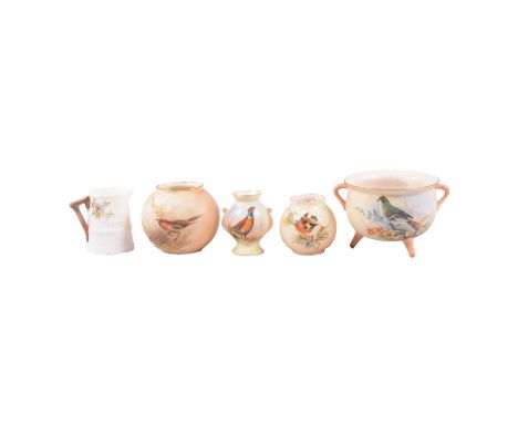 Five pieces of Royal Worcester porcelain including three Locke &amp; Co ivory-ground vases, another Royal Worcester vase shap