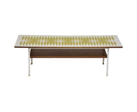 Terence Conran coffee table, hardwood and formica top, white painted metal legs with shelf, 114x38cm, height 36cm.