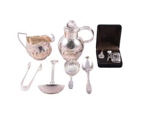 A silver cream jug, William Aitken, Birmingham 1901, part fluted; vesta case; Victorian caddy spoon; Georgian teaspoon; ladle