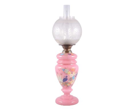 Victorian pink glass oil lamp, painted decoration, with chimney and reservoir, 65cm.Condition report:The chomney fits and is 