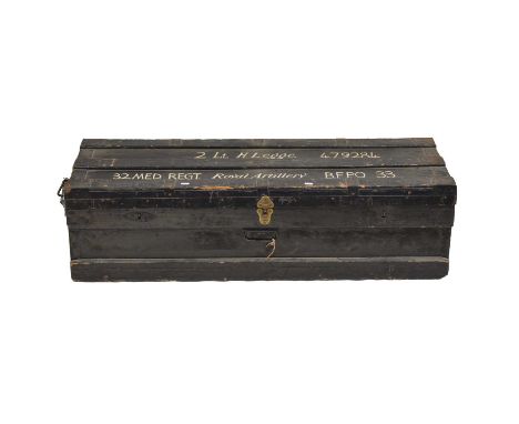 Large Military Officers Trunk, painted wood with metal banding and tin lined, painted to cover ' 2 Lt H Legge 479284, 32 Med.