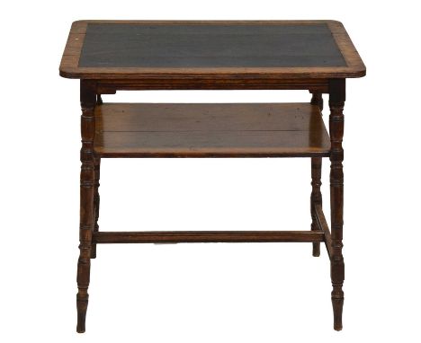 Victorian walnut hall table, rectangular inset leather top, turned and ringed legs joined by a shelf, 77x59cm, height 72cm.