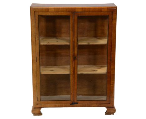 Walnut veneered glazed bookcase, 1930's, two shelves, bracket feet, width 88cm, depth 31cm, height 118cm.Condition report:Scr