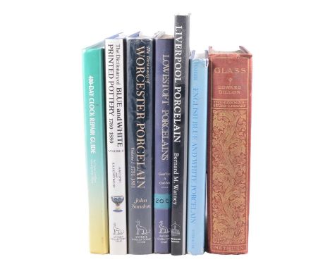 Two boxes of antique and clock references books, to include John Sandon Dictionary of Worcester Porcelain, Vol. 1, Antiques C
