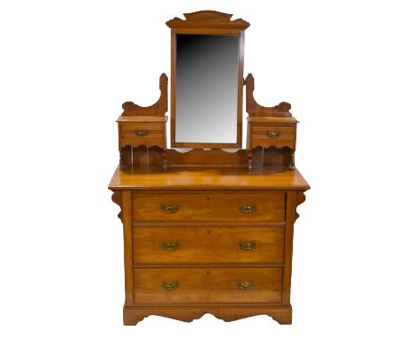Victorian satin walnut three piece bedroom suite, including dressing table, mirror above trinket drawers, three long drawers 