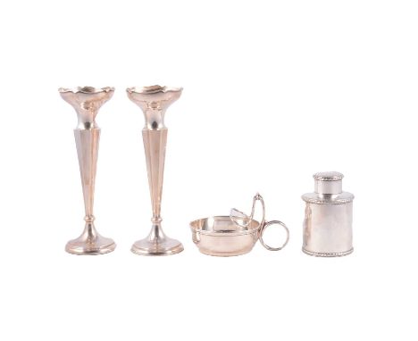 Silver shaving mug, Deakin &amp; Francis, Birmingham 1905, 8cm, 4.1ozt, pair of spill vases, RP, Chester 1914, weighted, 20cm