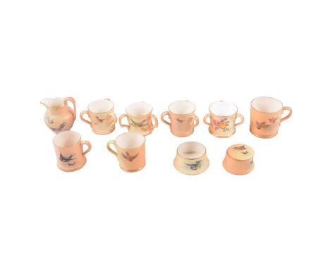 Collection of ten Royal Worcester miniature tygs, tankards, and similar, all decorated with birds and flowers, the largest 6c