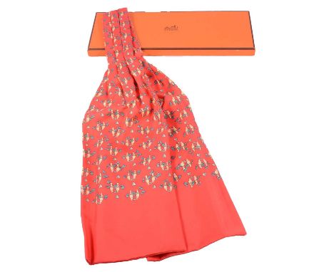 Hermes - a 100% silk cravat, pairs of yellow birds on a red ground, boxed.