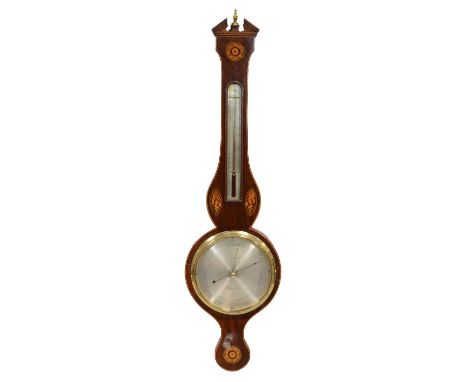 George IV inlaid mahogany banjo-shape wall barometer, G Zandra, Warranted, shell inlaid case, 100cm.Condition report:Crack to