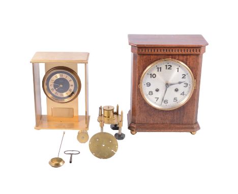 Swiza gilt metal mantel clock, and other clock parts and spares, including two other mantel clock cases, dials, movements, pe