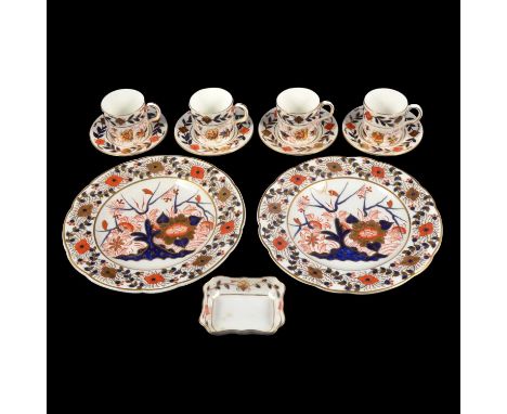 Pair of Stephenson and Hancock plates; and Royal Crown Derby coffee cans and saucers, and pin dish