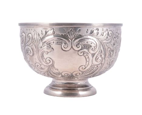 A silver presentation rosebowl, Elkington &amp; Co Ltd, Birmingham 1898, repousse chased scroll and floral design, circular f