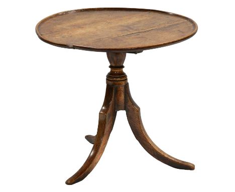 Oak tripod table, diameter 50cm, height 71cm, and two other tripod tables, one oak, the other mahogany, both reduced in heigh