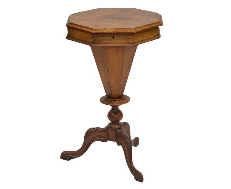 Victorian walnut trumpet work table, octagonal top, tripod carved legs, width 44cm, height 73cm.