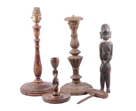 Carved African hardwood figure of a female, wirework around the neck, some losses, 27cm; a red lacquered table lamp base, 33c