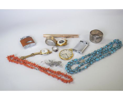 A quantity of jewellery and other items; to include a rolled gold fountain pen; coral necklace and two lighters.