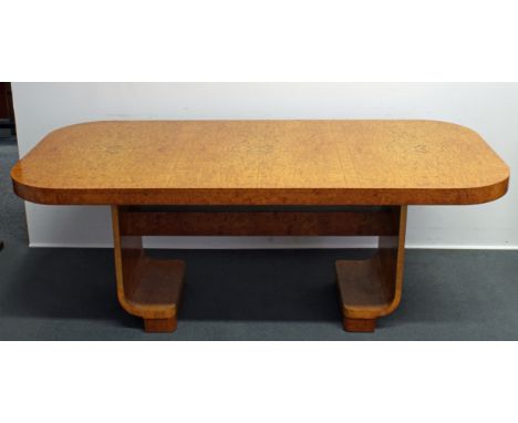 Esstisch, Art Deco, Harry &amp;amp; Lou Epstein, zugeschrieben, England, um 1930/40, Vogelaugenahorn furniert, rechteckige Pl