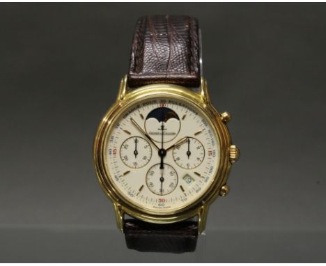 Herrenarmbanduhr, Jaeger LeCoultre, Modell Odysseus, Nr. 0125, Chronograph mit Mondphase, von 1996, GG 750, Quarz, Gehäuse mi