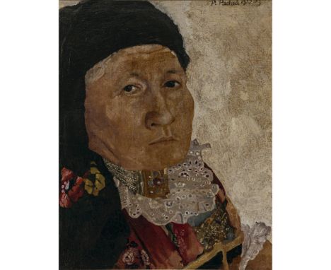 Paul Mathias Padua1903 Salzburg - 1981 Rottach-EgernBäuerin. 1923R. o. signiert und "1922/23" datiert. Rücks. Stillleben mit 