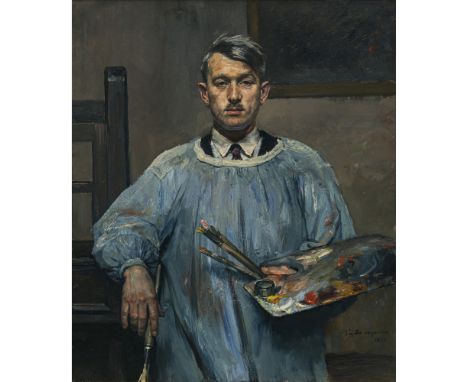 Thomas Baumgartner 1892 München - 1962 Kreuth/Tegernsee  Selbstporträt im Malerkittel, an Staffelei gelehnt. 1932  Hüftbild e