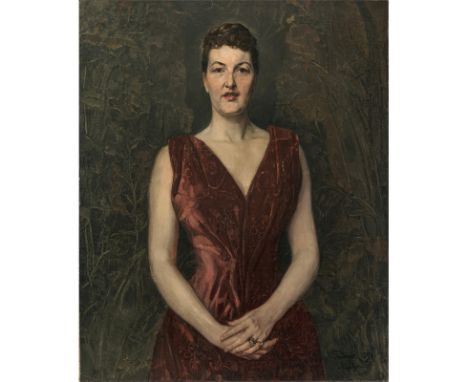 Wilhelm Trübner 1851 Heidelberg - 1917 Karlsruhe  Bildnis der Mrs. Crawley. 1891.  Hüftbild en face in rotem Kleid vor grünem