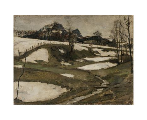 Erich Martin Müller1888 Berlin - 1972 Rothenburg ob der Tauber"Letzter Schnee"Blick von unten auf einem Bauernhof mit Samerbe