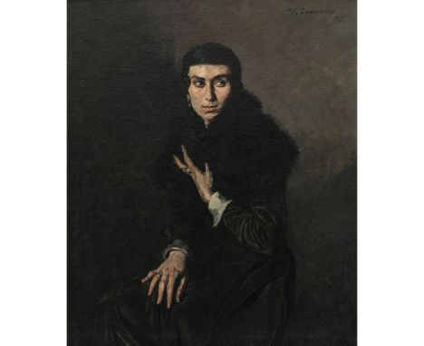 Thomas Baumgartner 1892 München - 1962 Kreuth/Tegernsee  Dame im schwarzen Pelz. 1918  Kniestück nach Links , Gesicht nahezu 