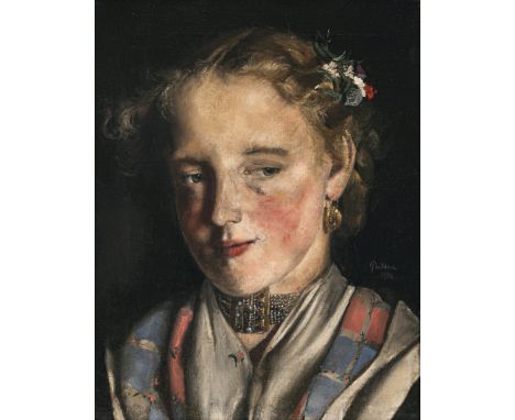 Paul Mathias Padua1903 Salzburg - 1981 Rottach-EgernBauernmädchen. 1942Mit floralem Kopfschmuck sowie zueinander abgestimmten