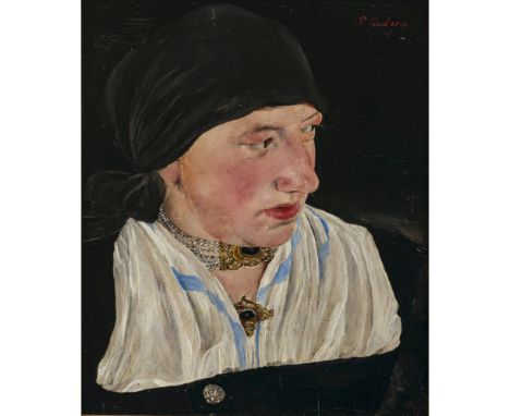 Paul Mathias Padua1903 Salzburg - 1981 Rottach-EgernJunge Bäuerin. 1929Brustbild mit Kette im Halbprofil. R. o. signiert und 