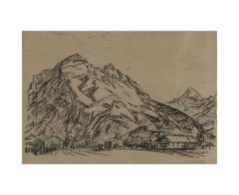 Karl Caspar 1879 Friedrichshafen - 1956 Brannenburg (Inn)  Gehöft in den Bergen  R. u. mit Bleistift signiert. Kreidelithogra