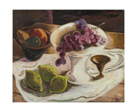 Willi Geiger 1878 Landshut - 1971 München  Obststillleben. 1942  R. u. signiert und 1942 datiert. Öl auf Leinwand. 50 x 60,5 