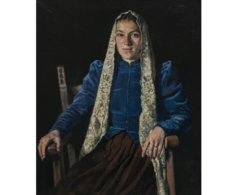 Thomas Baumgartner 1892 München - 1962 Kreuth/Tegernsee  Junge Bäurin im blauen Samt Mieder. 1940  R. u. signiert und 1940 da