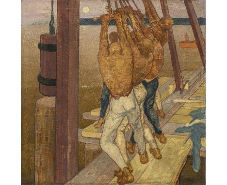 Fritz Erler 1868 Frankenstein/Schlesien - 1940 München  Arbeiten am See  R. u. signiert. Öl auf Leinwand. 96,5 x 96,5 cm. Dou