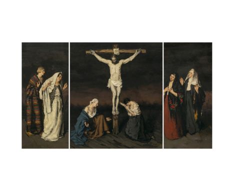 Péter Kálmán1877 Zsablya (Ungarn) - 1948 Nußdorf/InnTriptychon mit der Kreuzigung ChristiAuf Mitteltafel r. u. signiert. Öl a